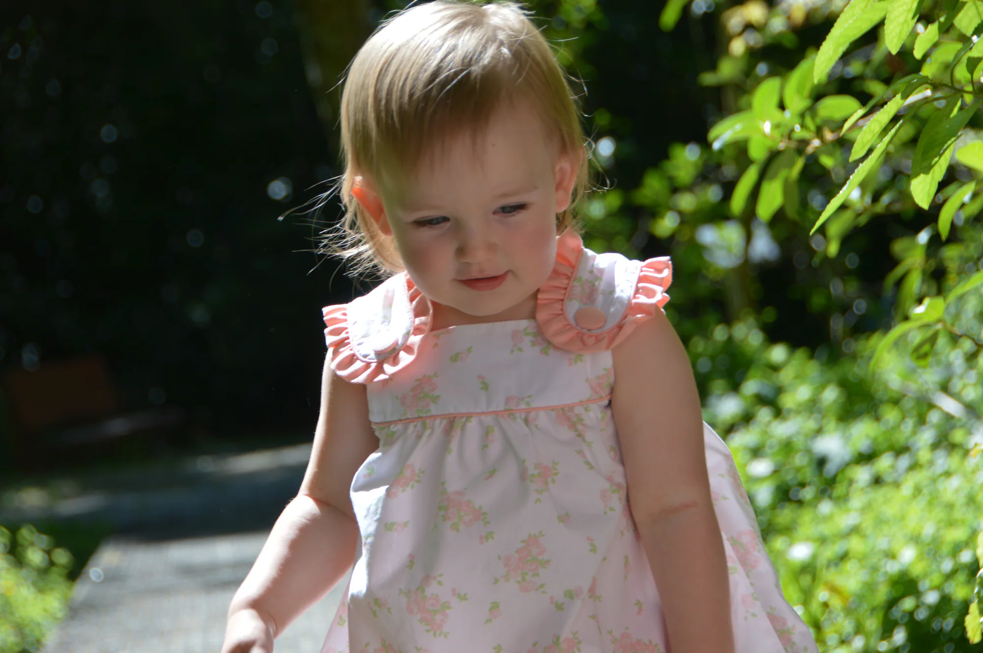 Toddler in floral dress looks down beside sunlit greenery.