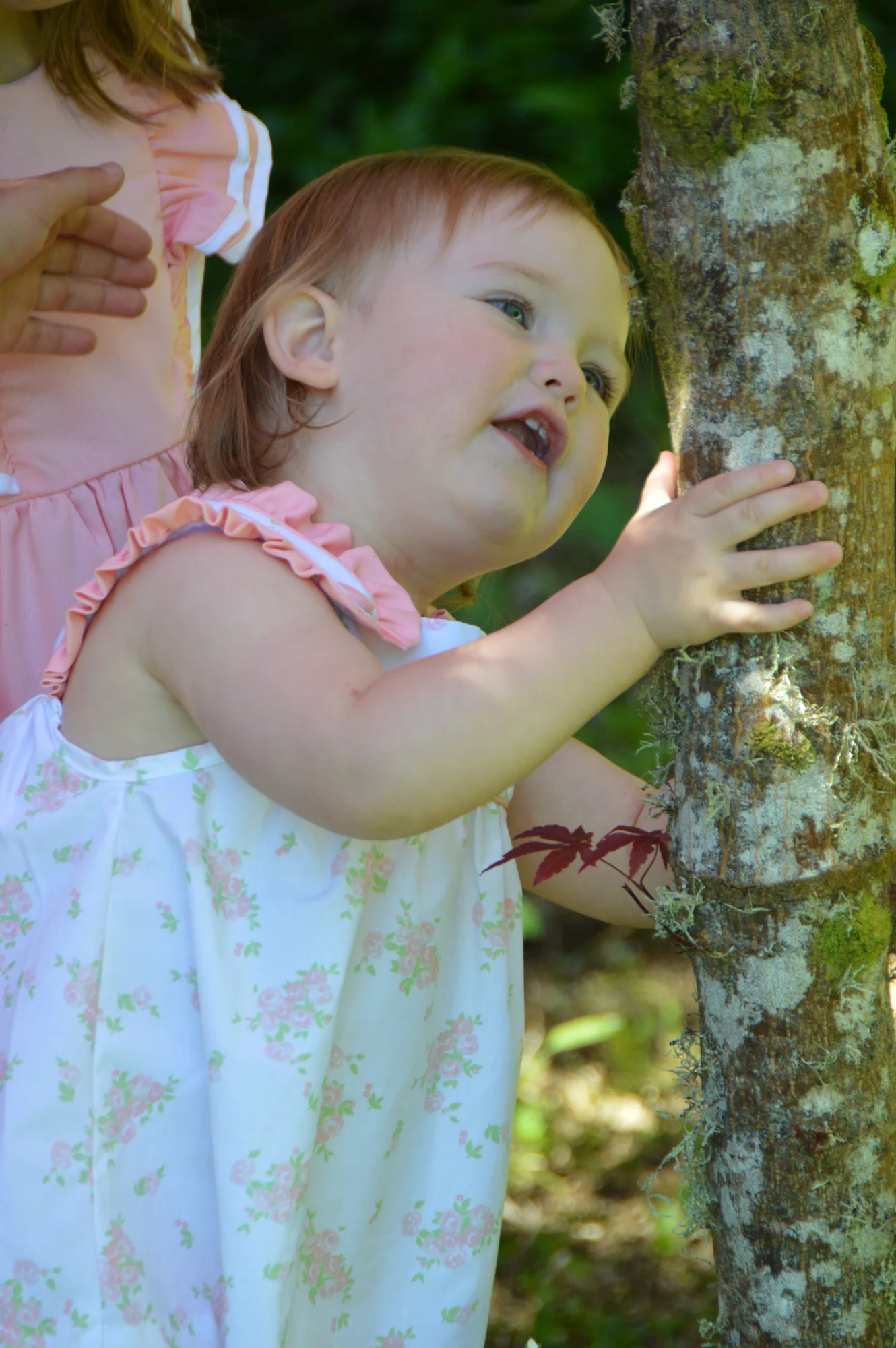 Toddler in floral dress reaches up beside a tree.