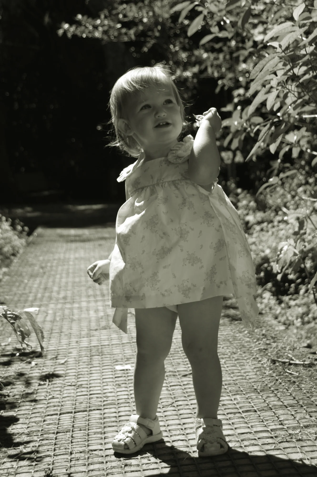 Toddler smiles on a garden path in black and white.