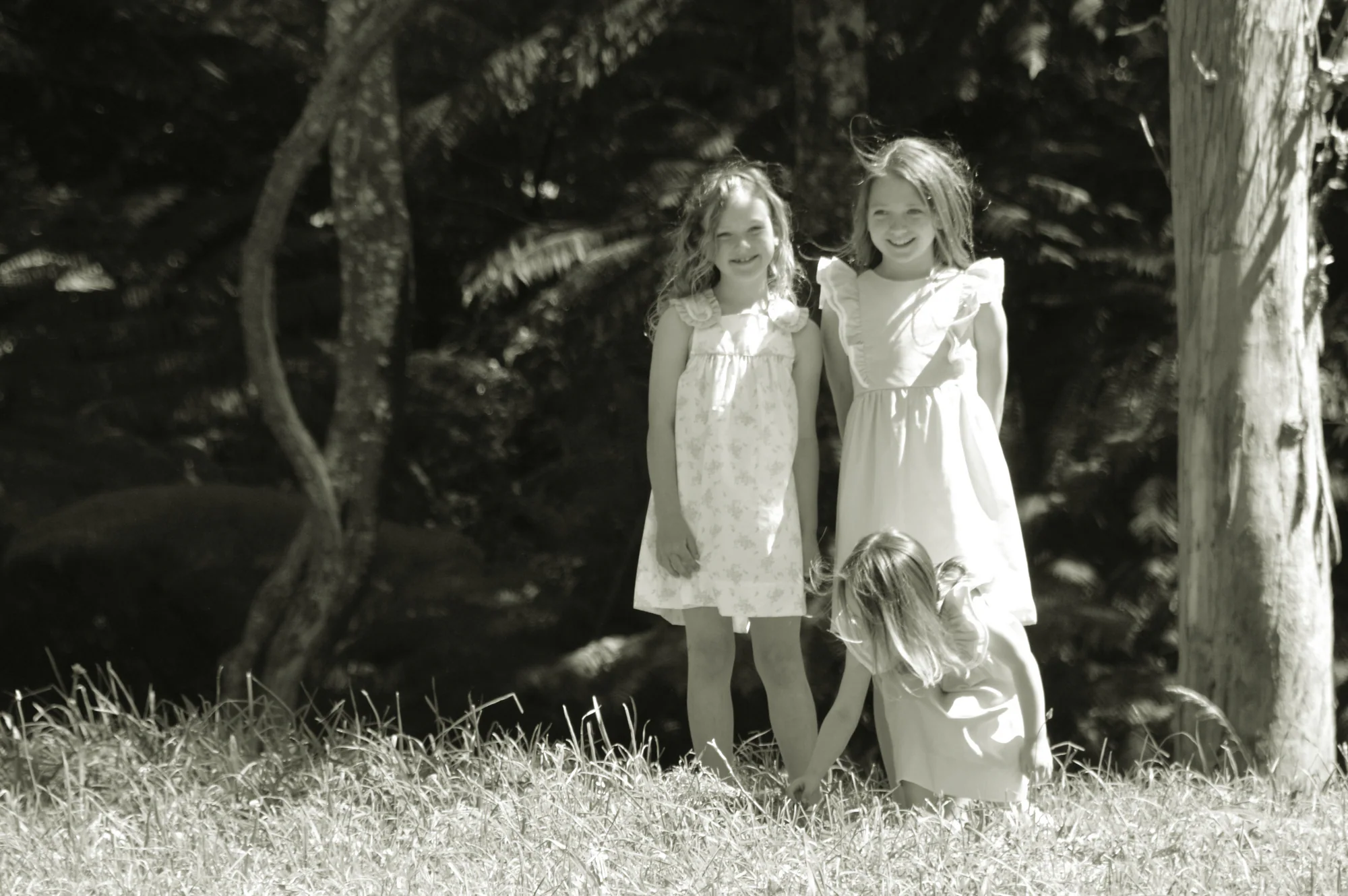 Three sisters gather near a tree in black and white.